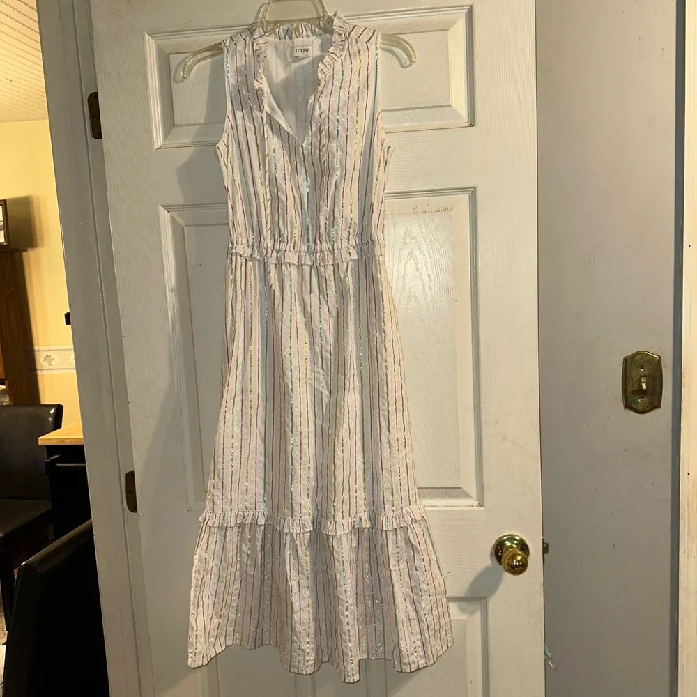 J. Crew Maxi metallic  Striped Sleeveless Ruffle‎ Neck Casual Party Dress Size 0